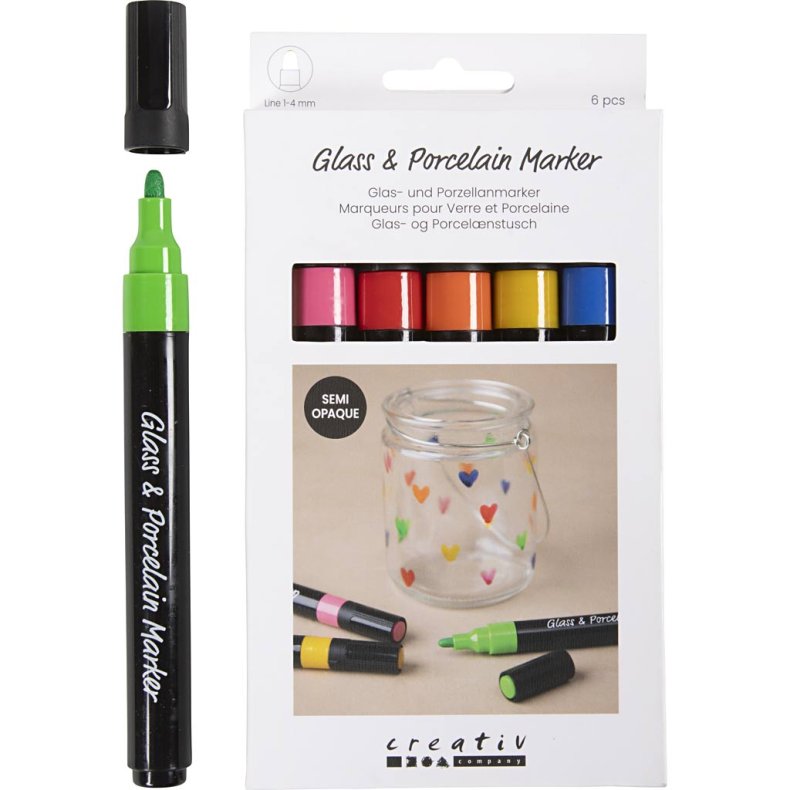 Glas- og Porcel&aelig;nstusch, streg 1-4 mm, halvd&aelig;kkende, colorful, 6 stk./ 1 pk.