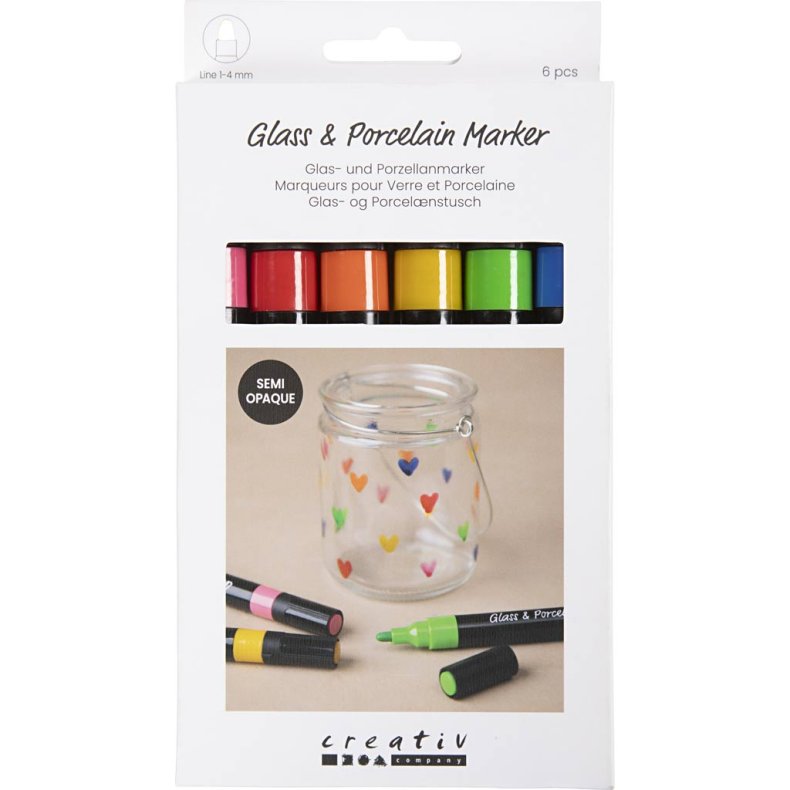 Glas- og Porcel&aelig;nstusch, streg 1-4 mm, halvd&aelig;kkende, colorful, 6 stk./ 1 pk.