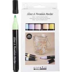 Glas- og Porcel&aelig;nstusch, streg 1-4 mm, halvd&aelig;kkende, pastelfarver, 6 stk./ 1 pk.