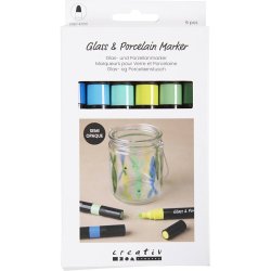 Glas- og Porcel&aelig;nstusch, streg 1-4 mm, halvd&aelig;kkende, bl&aring;/gr&oslash;n harmoni, 6 stk./ 1 pk.