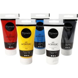 Art Akrylmaling, Grundfarver, halvblank, ass. farver, 5x75 ml/ 1 pk.