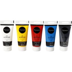 Art Akrylmaling, Grundfarver, halvblank, ass. farver, 5x75 ml/ 1 pk.