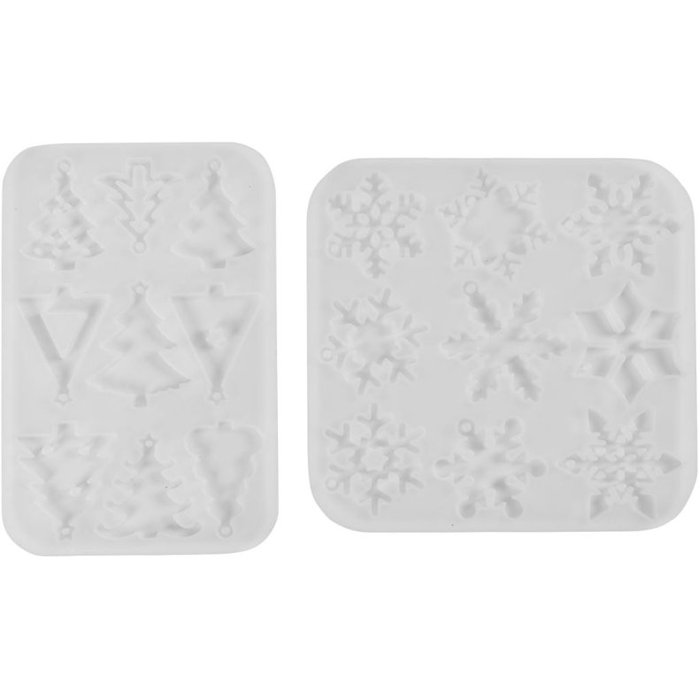 Silikoneform, Iskrystaller og juletr&aelig;er, H: 0,3 cm, B: 3,5+4,7 cm, med hul til oph&aelig;ng, mat transparent, 2 stk./ 1 stk.