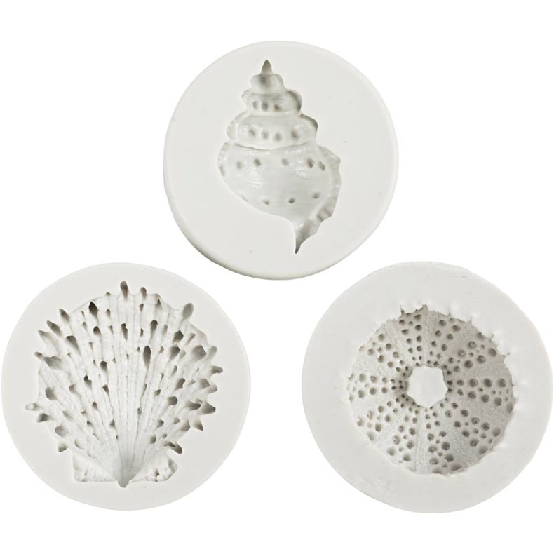 Silikoneform, S&oslash;pindsvin, konkylie, musling, H: 1,5-2 cm, diam. 3,5-6 cm, 3 stk./ 1 pk.