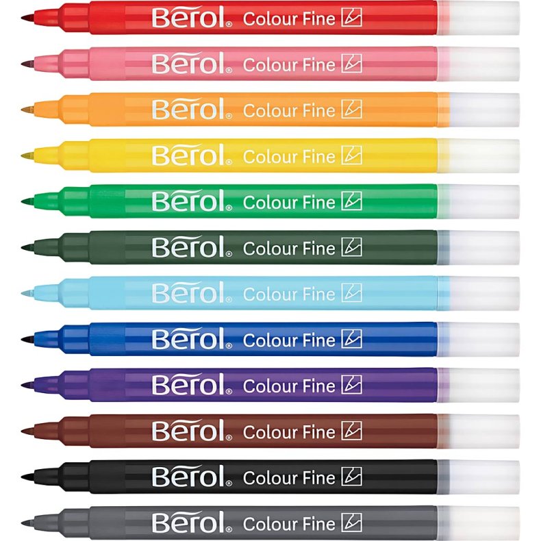 Berol Colourfine Tusch, diam. 10 mm, streg 0,3-0,7 mm, ass. farver, 42 stk./ 1 ds.