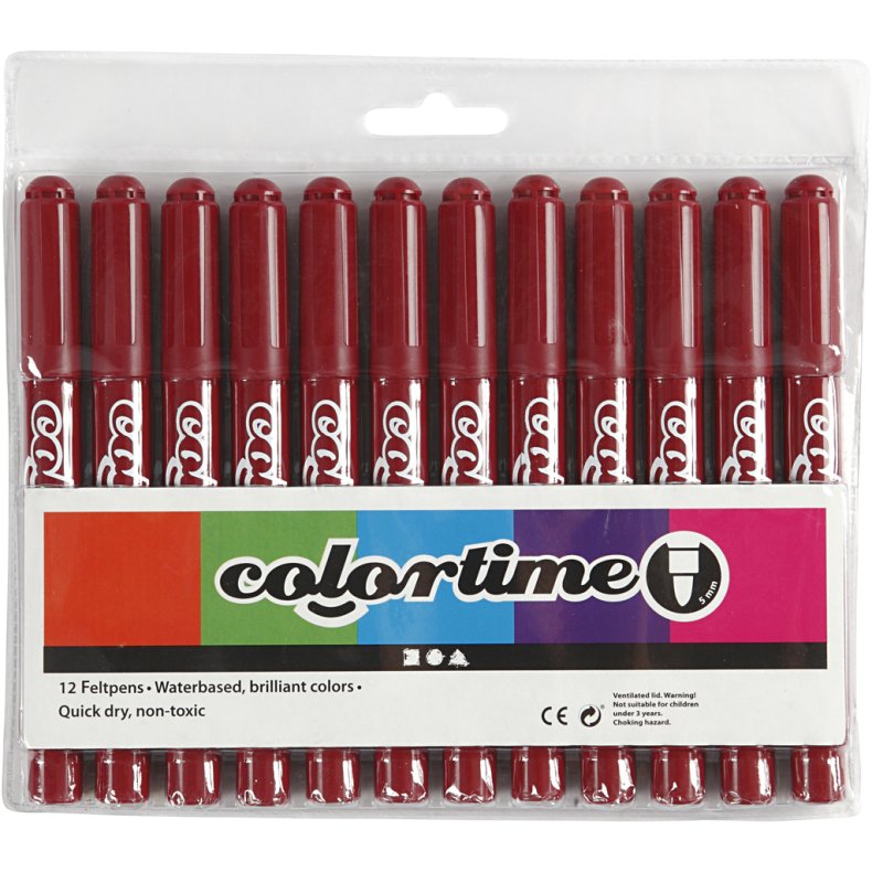 Colortime Tusch, streg 5 mm, vinr&oslash;d, 12 stk./ 1 pk.