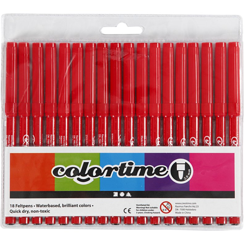 Colortime Tusch, streg 2 mm, r&oslash;d, 18 stk./ 1 pk.