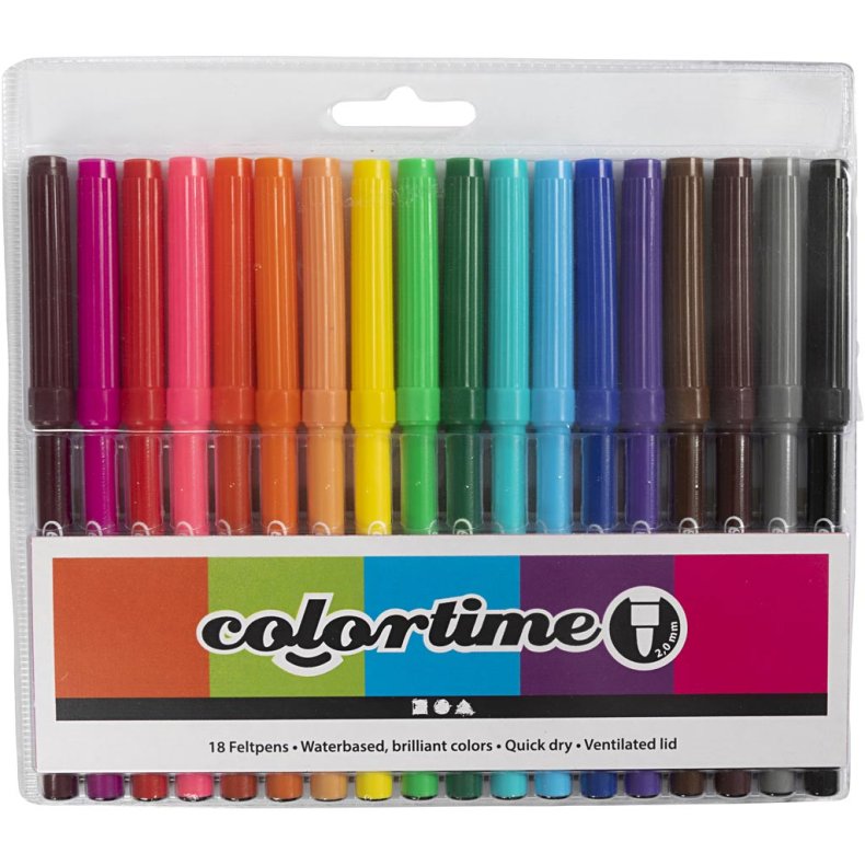 Colortime Tusch, streg 2 mm, ass. farver, 18 stk./ 1 pk.