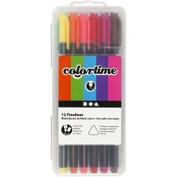 Colortime Fineliner Tusch, streg 0,6-0,7 mm, ass. farver, 12 stk./ 1 pk.