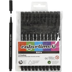 Colortime Fineliner Tusch, streg 0,6-0,7 mm, sort, 12 stk./ 1 pk.