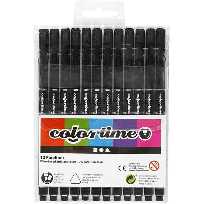 Colortime Fineliner Tusch, streg 0,6-0,7 mm, sort, 12 stk./ 1 pk.