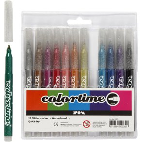 Colortime Glittertusch, streg 2 mm, ass. farver, 12 stk./ 1 pk.