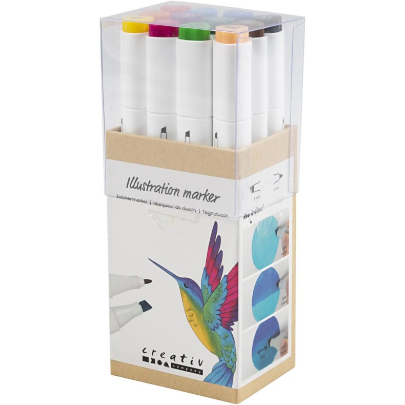 Illustration Marker, streg 1+8 mm, standardfarver, 12 stk./ 1 pk.