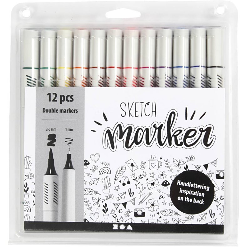 Sketch Marker, streg 1+2-5 mm, standardfarver, 12 stk./ 1 pk.