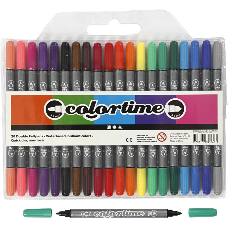 Colortime Dobbelttusch, streg 2,3+3,6 mm, standardfarver, 20stk./ 1 pk.