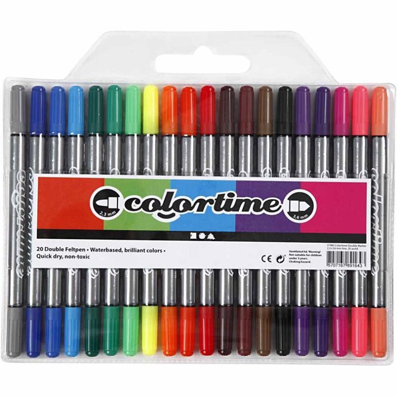 Colortime Dobbelttusch, streg 2,3+3,6 mm, standardfarver, 20 stk./ 1 pk.