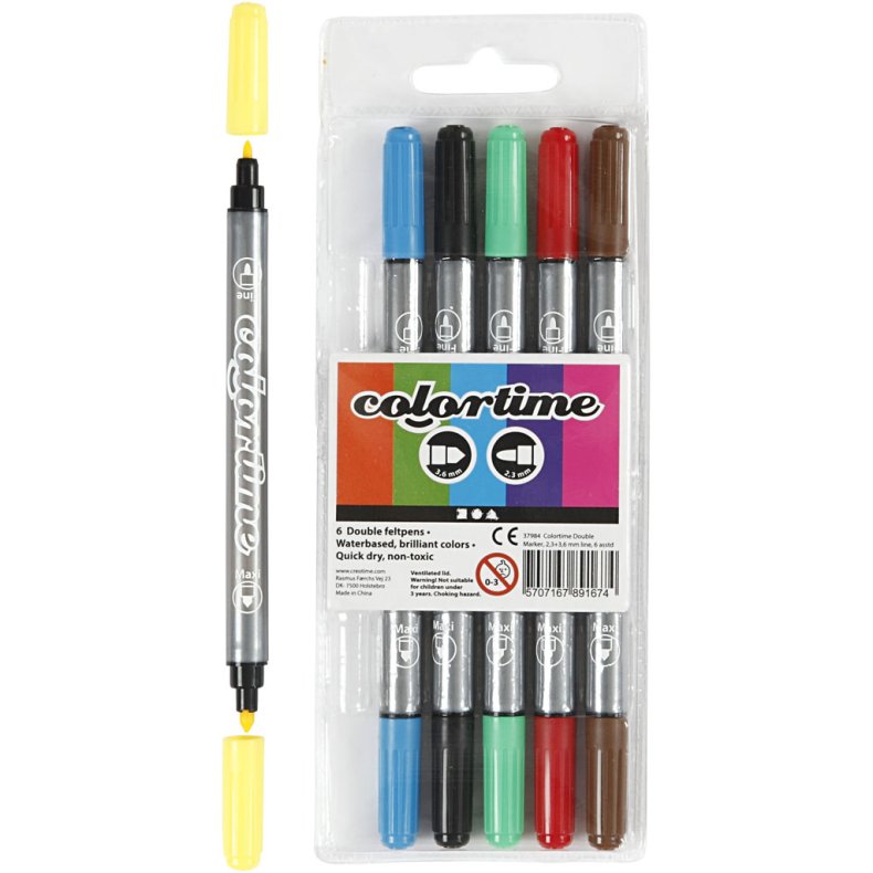 Colortime Dobbelttusch, streg 2,3+3,6 mm, standardfarver, 6stk./ 1 pk.