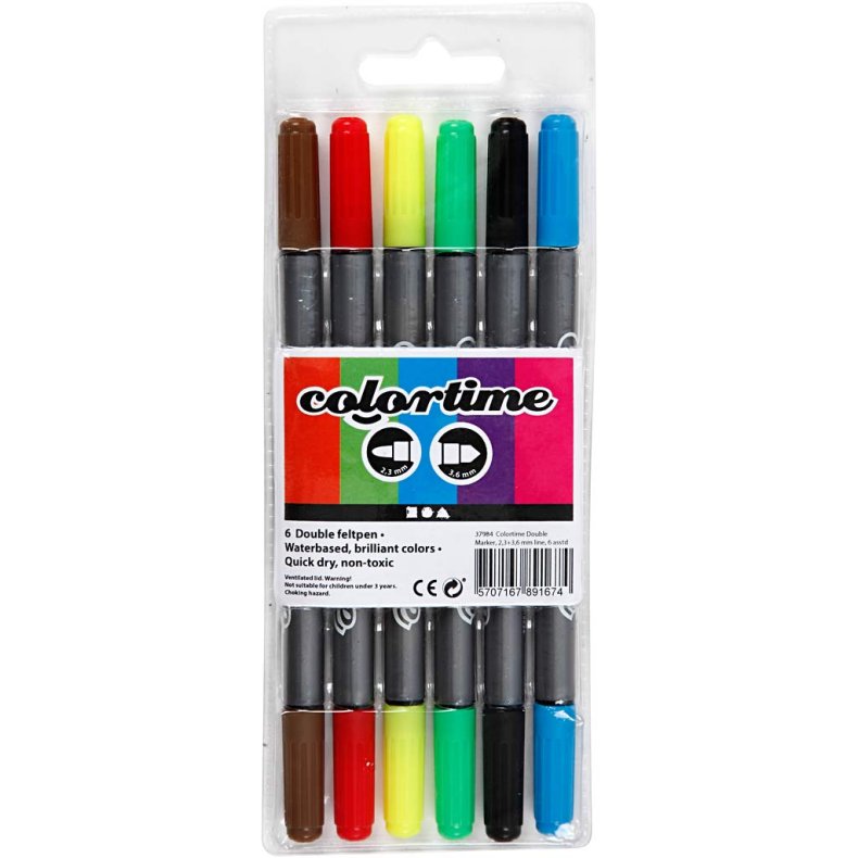 Colortime Dobbelttusch, streg 2,3+3,6 mm, standardfarver, 6 stk./ 1 pk.
