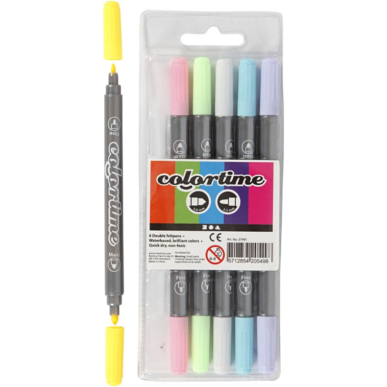 Colortime Dobbelttusch, streg 2,3+3,6 mm, pastelfarver, 6stk./ 1 pk.