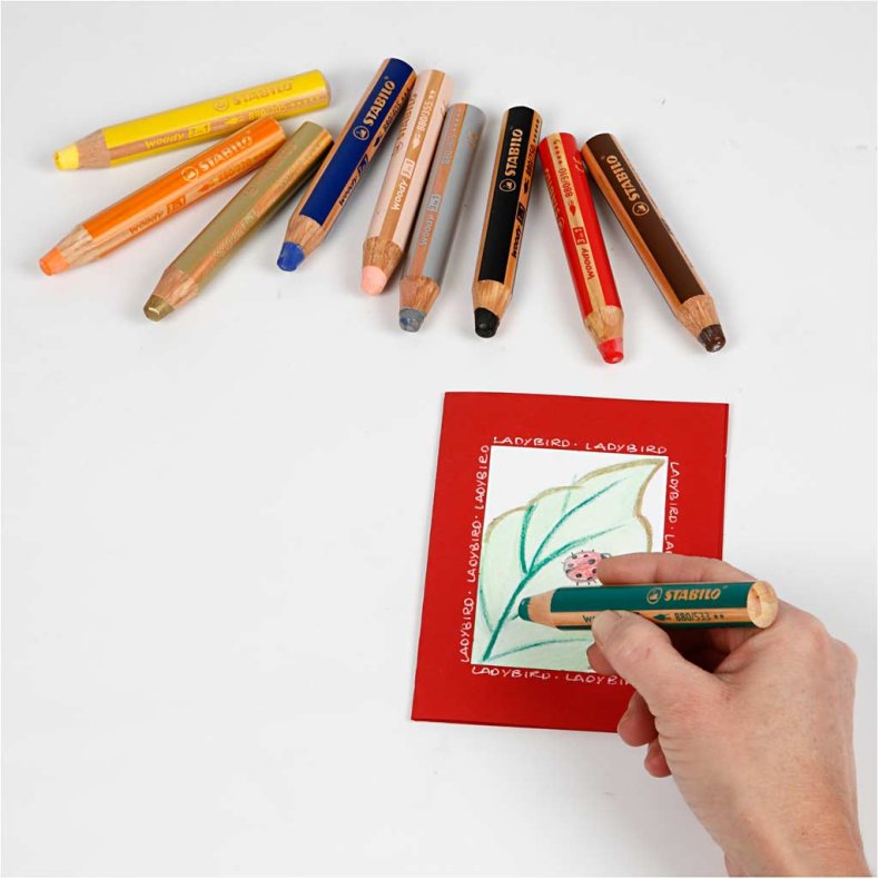 Woody 3-i-1, L: 11 cm, tykkelse 16 mm, mine 10 mm, ass. farver, 10 stk./ 1 pk.