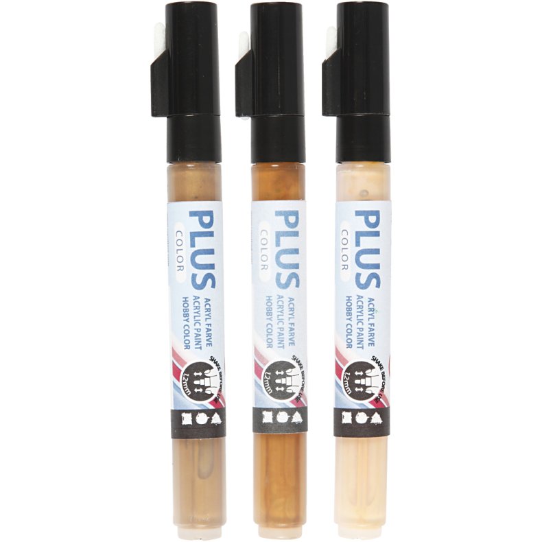 Plus Color Tusch, L: 14,5 cm, streg 1-2 mm, lys pudder, guld, raw sienna, 3stk./ 1 pk., 5,5 ml