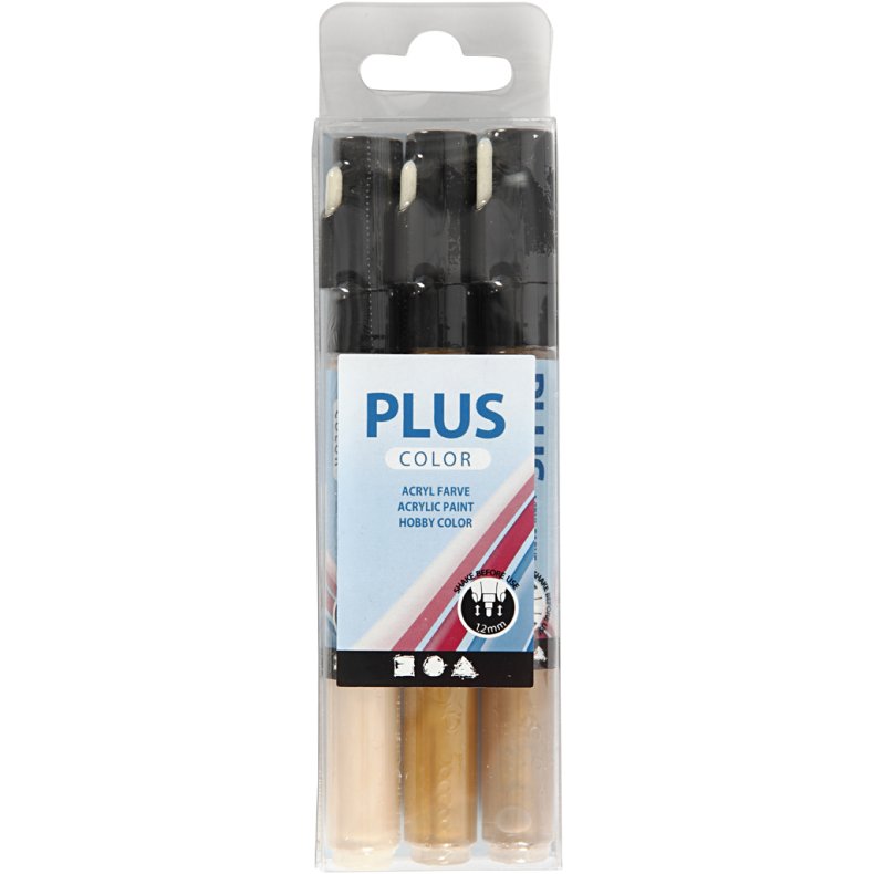 Plus Color Tusch, L: 14,5 cm, streg 1-2 mm, lys pudder, guld, raw sienna, 5,5 ml, 3 stk./ 1 pk.