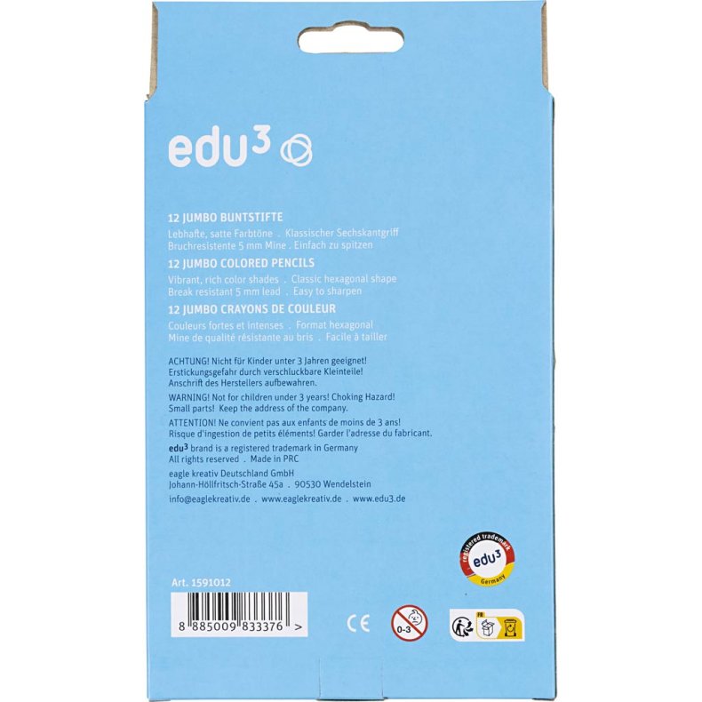 edu Jumbo Farveblyanter, tykkelse 10 mm, mine 5 mm, ass. farver, 12 stk./ 1 pk.