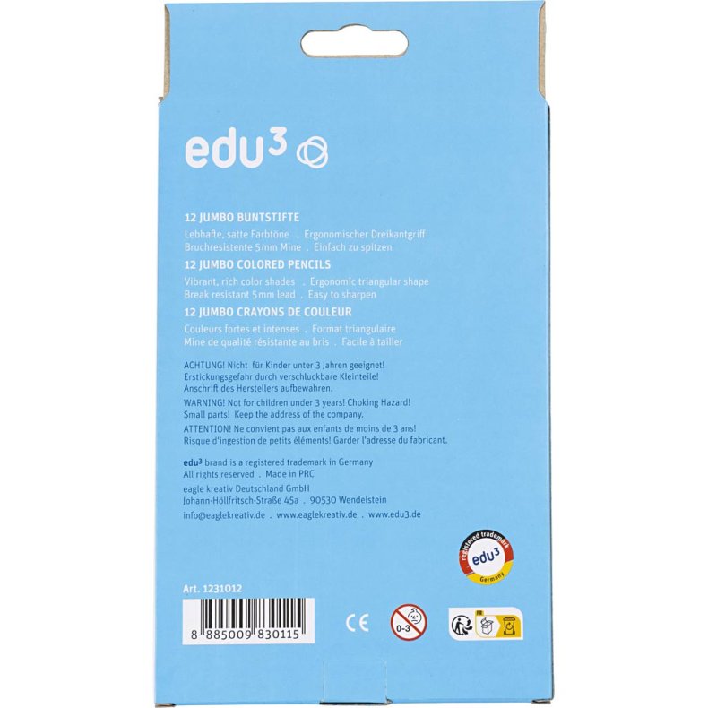 edu Jumbo Farveblyanter, tykkelse 10 mm, mine 5 mm, ass. farver, 12 stk./ 1 pk.