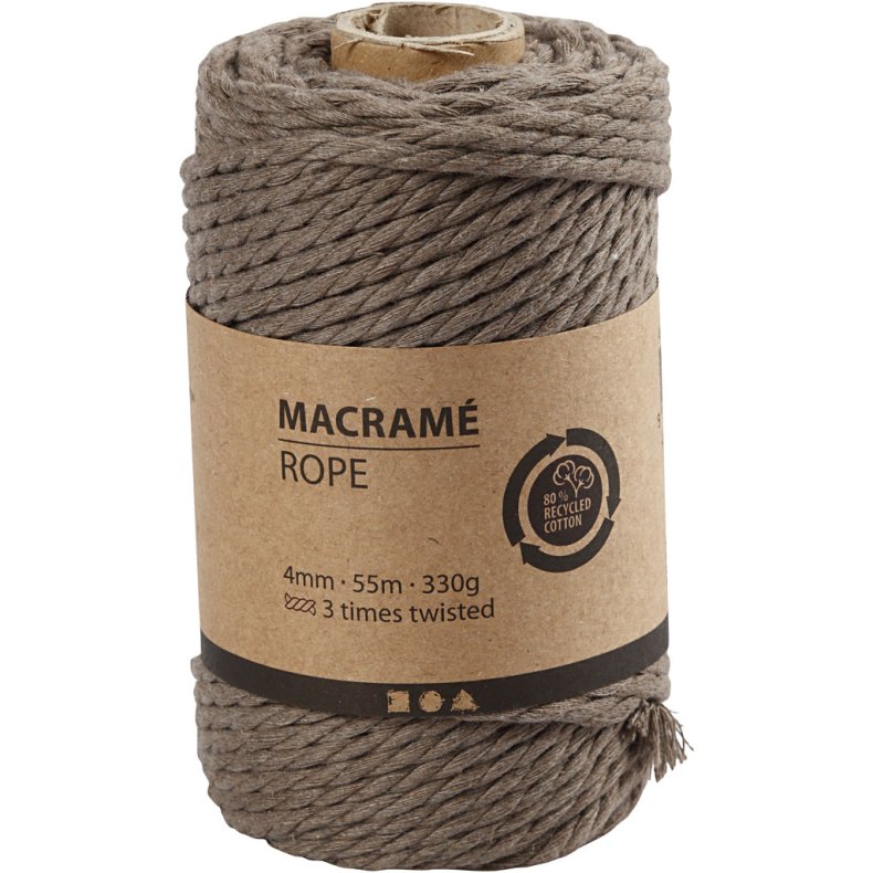 Macram&eacute; reb, L: 55 M, diam. 4 mm, lys brun, 330 g/ 1 rl.