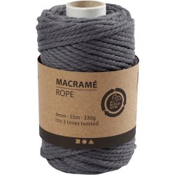 Macram&eacute; reb, L: 55 M, diam. 4 mm, gr&aring;, 330 g/ 1 rl.