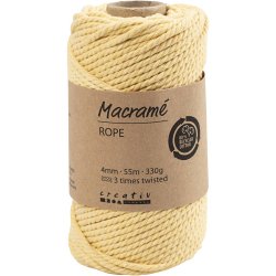 Macram&eacute; reb, L: 55 M, diam. 4 mm, lys gul, 330 g/ 1 rl.