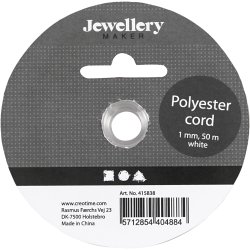 Polyester snor, tykkelse 1 mm, hvid, 50 m/ 1 rl.