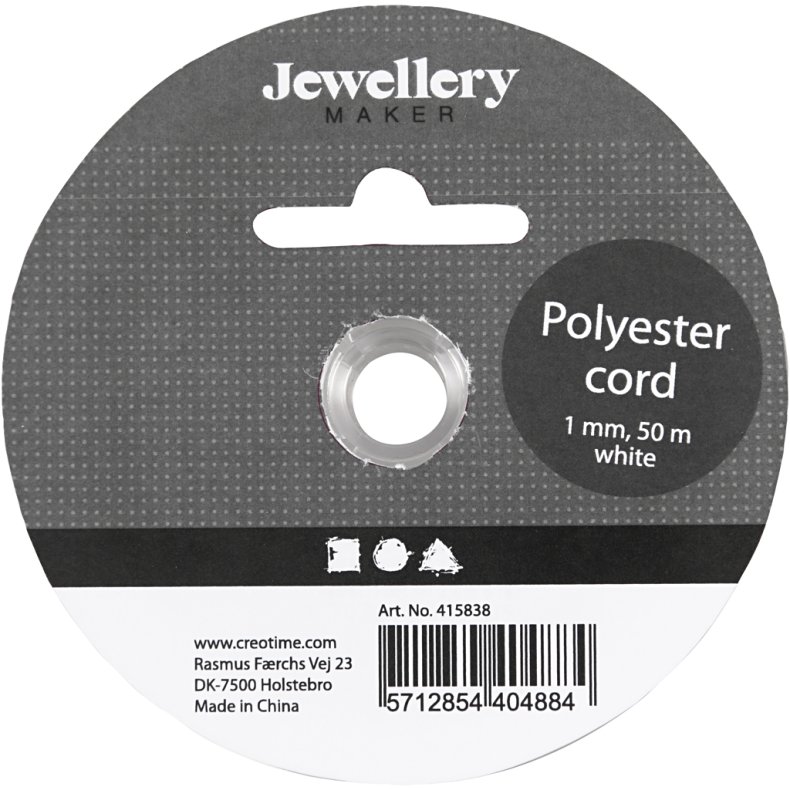 Polyester snor, tykkelse 1 mm, hvid, 50 m/ 1 rl.