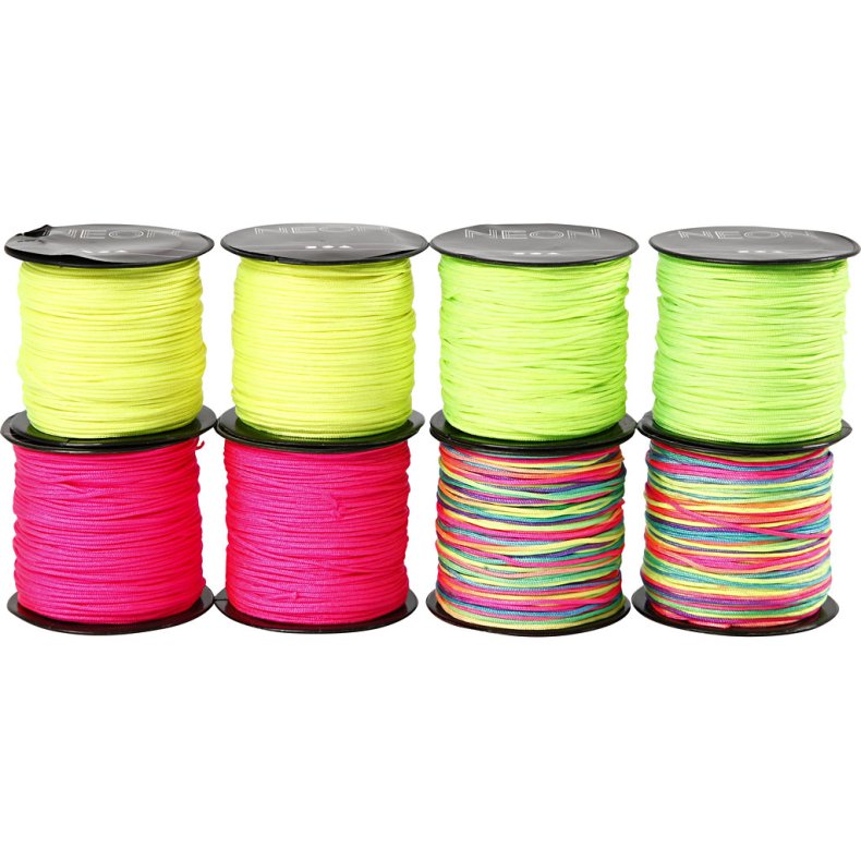 Knyttesnor, tykkelse 1 mm, neon gr&oslash;n, neon pink, neon gul, neonmix, 8x28m/ 1 pk.