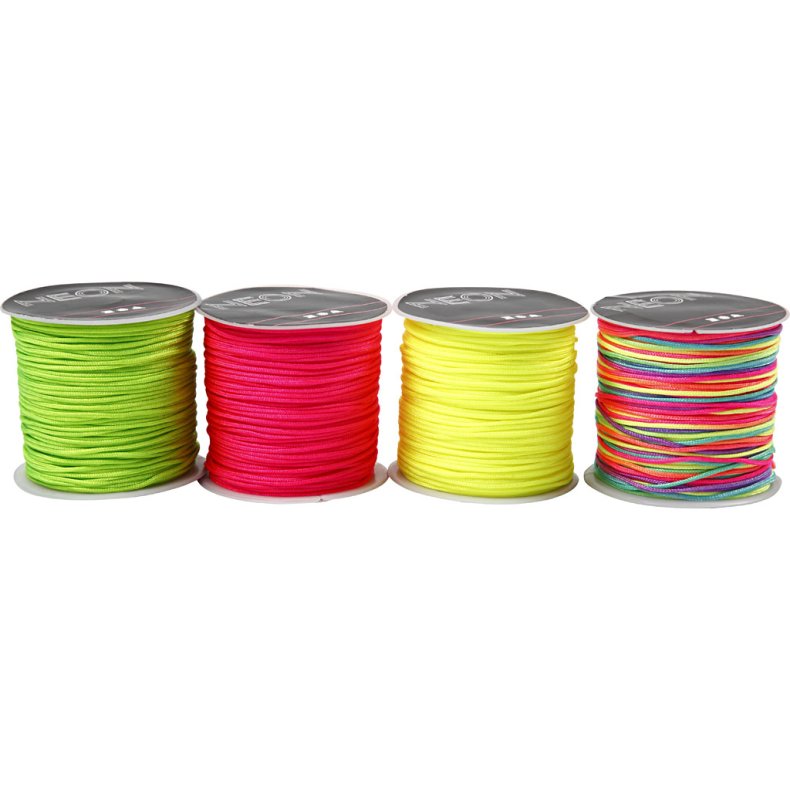 Knyttesnor, tykkelse 1 mm, neon gr&oslash;n, neon pink, neon gul, neonmix, 8x28 m/ 1 pk.