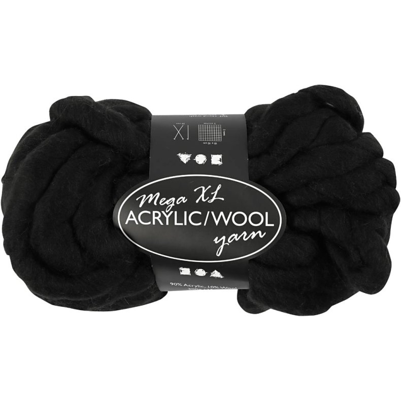 XL K&aelig;mpegarn af Polyacryl/Uld, L: 15 M, str. mega, sort, 300 g/ 1 ngl.