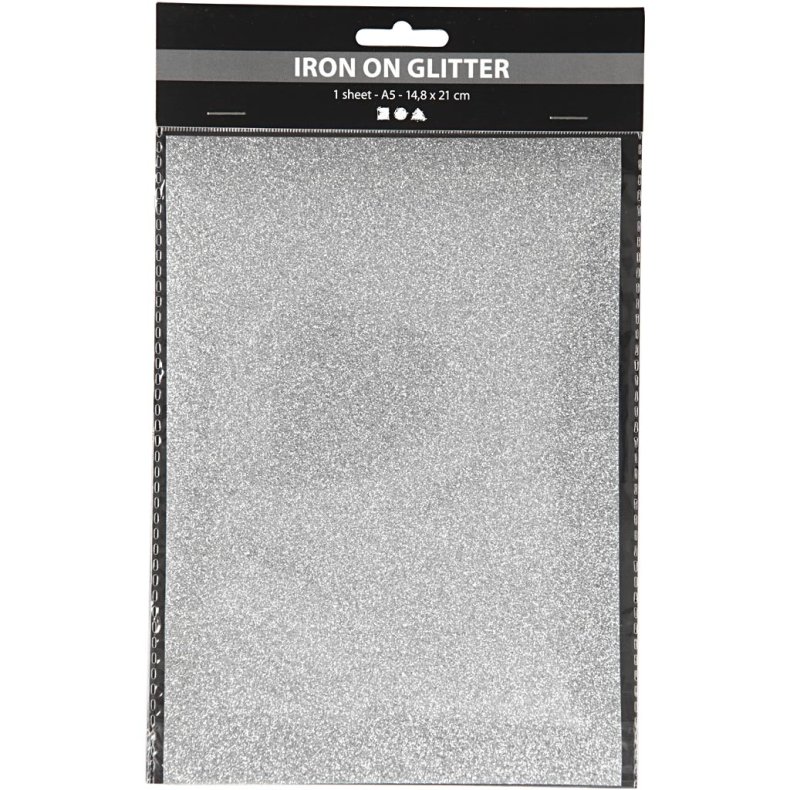 Strygestof, A5, ark 148x210 mm, glitter, s&oslash;lv, 1 ark