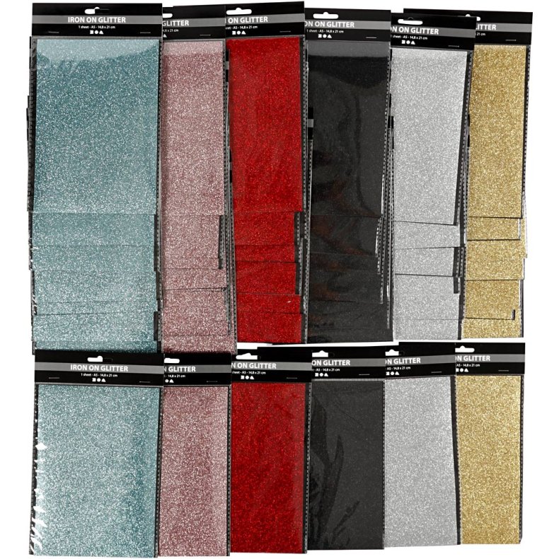 Strygestof, ark 148x210 mm, glitter, ass. farver, 6x10 ark/ 1 pk.
