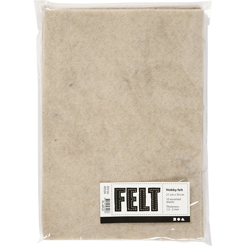 Hobbyfilt, A4, ark 210x297 mm, tykkelse 1,5-2 mm, meleret, r&aring;hvid, 10 ark/ 1 pk.