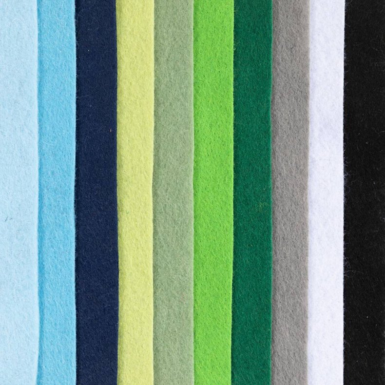 Hobbyfilt, A4, ark 210x297 mm, tykkelse 2 mm, bl&aring;/gr&oslash;n harmoni, 10 stk./ 1 pk.