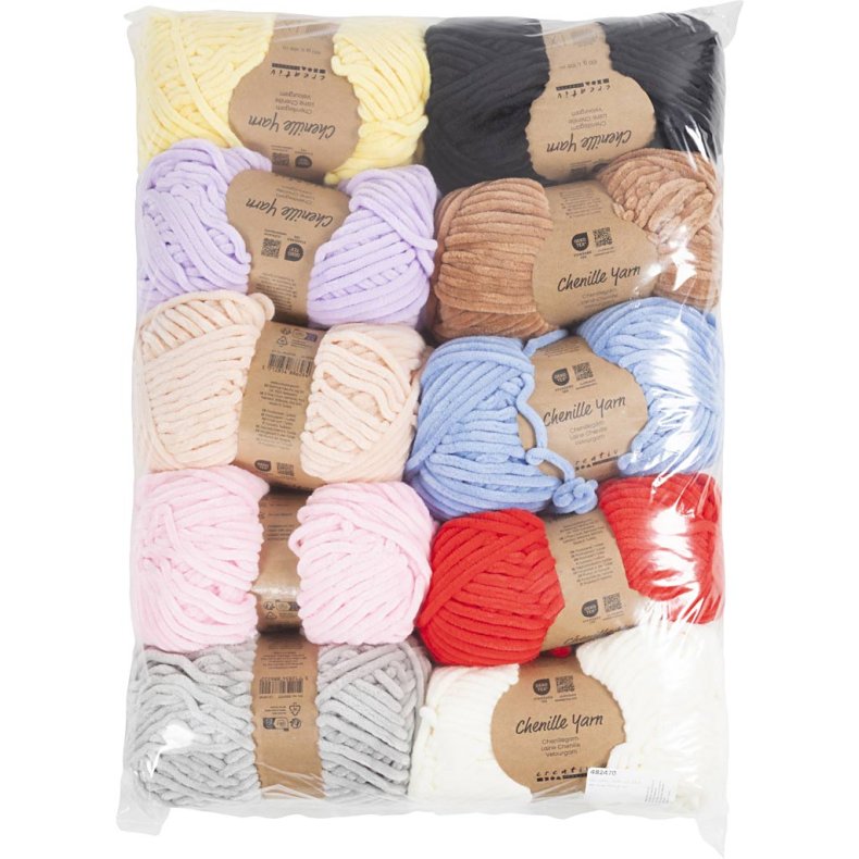 Velourgarn, L: 10x105 m, pind 5-6, ass. farver, 10x100 g/ 1 pk.