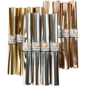 Læderpapir, B: 49 cm, tykkelse 0,55 mm, ensfarvet,folie, guld, rosaguld, sølv, 12x1 m/ 1 pk.
