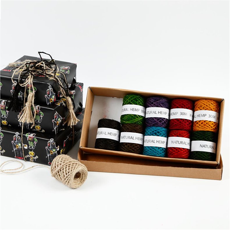 Naturhamp, tykkelse 1-2 mm, ass. farver, 10x30 m/ 1 pk.