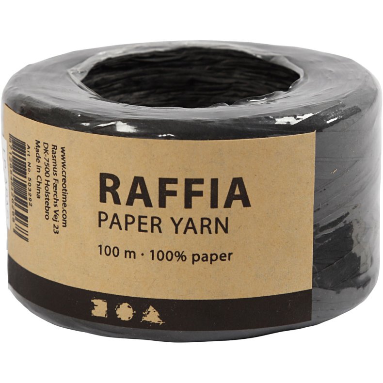 Raffia Papirgarn, B: 7-8 mm, sort, 100 m/ 1 rl.
