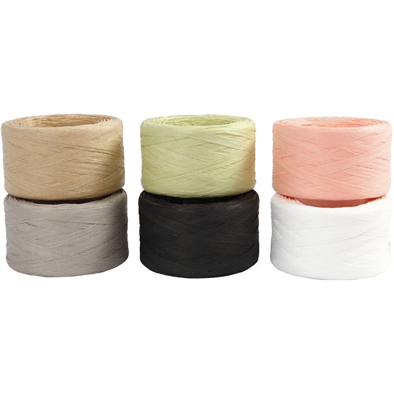 Raffia Papirgarn, B: 7-8 mm, ass. farver, 6x100m/ 1 pk.