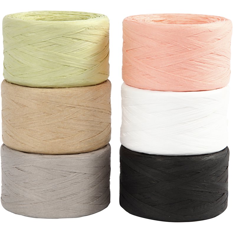 Raffia Papirgarn, B: 7-8 mm, ass. farver, 6x100 m/ 1 pk.