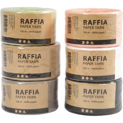 Raffia Papirgarn, B: 7-8 mm, ass. farver, 6x100 m/ 1 pk.