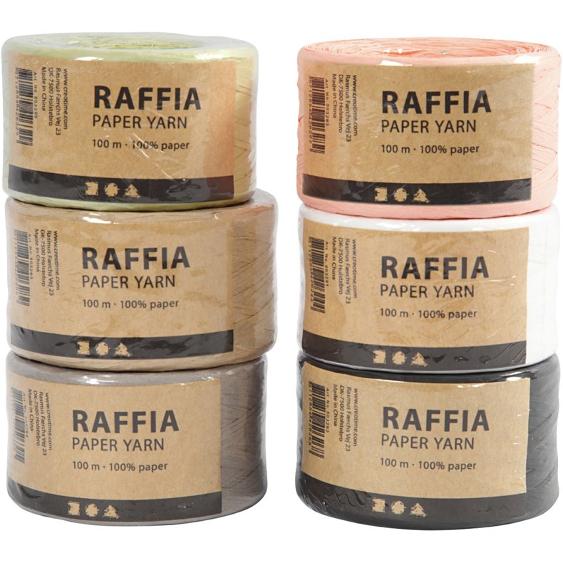 Raffia Papirgarn, B: 7-8 mm, ass. farver, 6x100 m/ 1 pk.