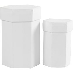 Sekskantede &aelig;sker, H: 7+9 cm, str. 4,5+6 cm, hvid, 2 stk./ 1 s&aelig;t