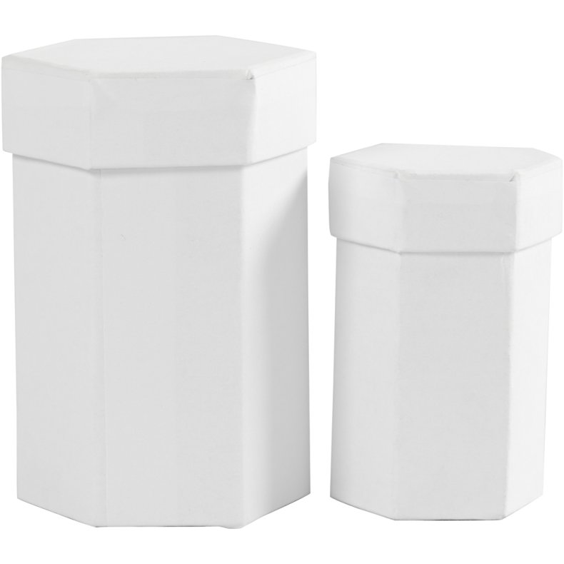 Sekskantede &aelig;sker, H: 7+9 cm, str. 4,5+6 cm, hvid, 2 stk./ 1 s&aelig;t